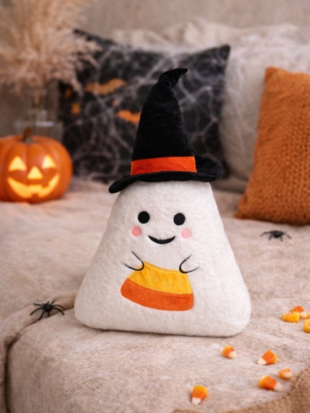 Halloween Candy Corn Plush throw pillow with Witch Hat New